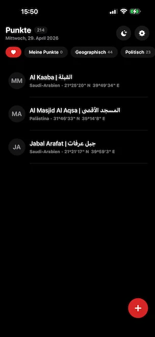 Startbildschirm Punkte von Arrow to Pin mit 3 nach Favoriten gefilterten Startpunkten, Kategorie-Tabs für Persönlich, Geografisch, Politisch und Religiös; die Liste zeigt die Kaaba (Saudi-Arabien), Al Masjid Al Aqsa (Palästina) und Jabal Arafat (Saudi-Arabien) mit genauen GPS-Koordinaten im Grad-Minuten-Sekunden-Format