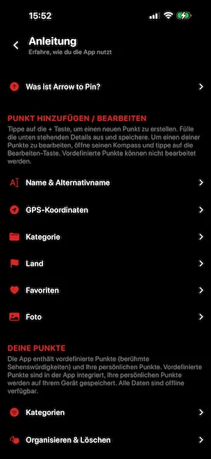 In-App-Anleitungsbildschirm mit Tutorial-Abschnitten: Was ist Arrow to Pin, Punkt hinzufügen oder bearbeiten (Name, GPS-Koordinaten, Kategorie, Land, Favoriten, Foto), Ihre Punkte mit vordefinierten berühmten Sehenswürdigkeiten und persönlichen Punkten, Kategorien, Organisieren und Löschen sowie Einen Punkt teilen