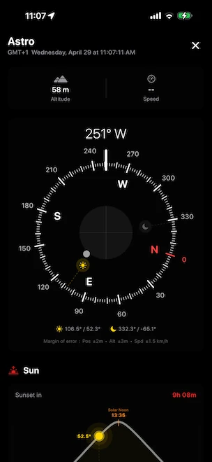 Astro mode of the compass at heading 251° W, showing live sun position (azimuth 106.5°, elevation 52.3°) and moon position (azimuth 332.3°, elevation -65.1°) projected on the dial, with altitude, current speed, and a Sun trajectory chart starting below