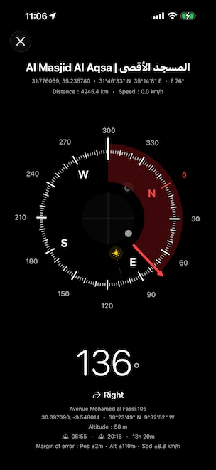 Precision compass guiding toward Al Masjid Al Aqsa in Jerusalem, displaying destination bearing E 76°, distance 4,245.4 km, current heading 136° with a Right turn cue, plus current GPS coordinates, altitude, sunrise and sunset times, and a margin of error block