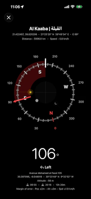 Precision compass aimed at Al Kaaba, the Qibla in Mecca, Saudi Arabia, showing distance 5,006.9 km, destination bearing E 89°, current heading 106° with a Left turn cue, sun and moon icons positioned on the dial, and a red highlighted arc indicating the alignment range to the destination