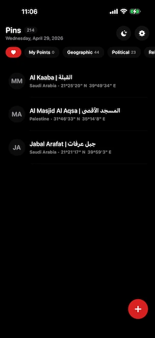 Arrow to Pin home Pins screen showing 3 starter saved points filtered by Favorites, with category tabs for Personal, Geographic, Political and Religious; the list displays Al Kaaba (Saudi Arabia), Al Masjid Al Aqsa (Palestine), and Jabal Arafat (Saudi Arabia) with precise GPS coordinates in Degrees-Minutes-Seconds format