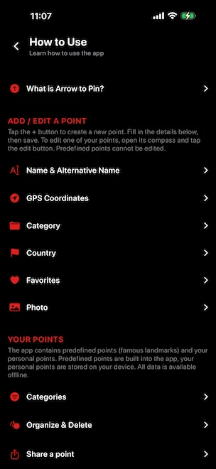 In-app How to Use screen listing tutorial sections: What is Arrow to Pin, Add or Edit a Point (name, GPS coordinates, category, country, favorites, photo), Your Points with predefined famous landmarks plus personal points, Categories, Organize and Delete, and Share a Point