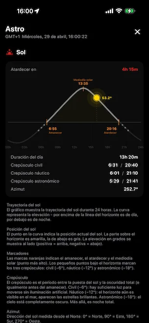 Panel Astro Sol con la trayectoria completa del sol de 24 horas, marcando la salida del sol 06:55, el mediodía solar 13:35, la puesta del sol 20:16, la elevación actual 52,4°, más las horas de los crepúsculos civil, náutico y astronómico, la duración del día y una lectura detallada del azimut calculada con el algoritmo solar NOAA