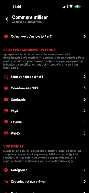 Écran Mode d'emploi intégré à l'application listant les sections du tutoriel : Qu'est-ce qu'Arrow to Pin, Ajouter ou modifier un point (nom, coordonnées GPS, catégorie, pays, favoris, photo), Vos points avec monuments célèbres prédéfinis et points personnels, Catégories, Organiser et supprimer, et Partager un point
